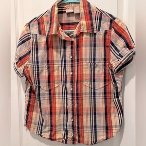 Roxy Orange Yellow & Navy Plaid Short Sleeve Camp Shirt w Pearly Snaps